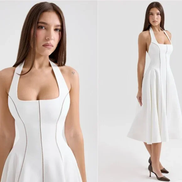 HOUSE OF CB 'Loulou' Ivory Halter Neck Midi Dress NWOT - Picture 3 of 9